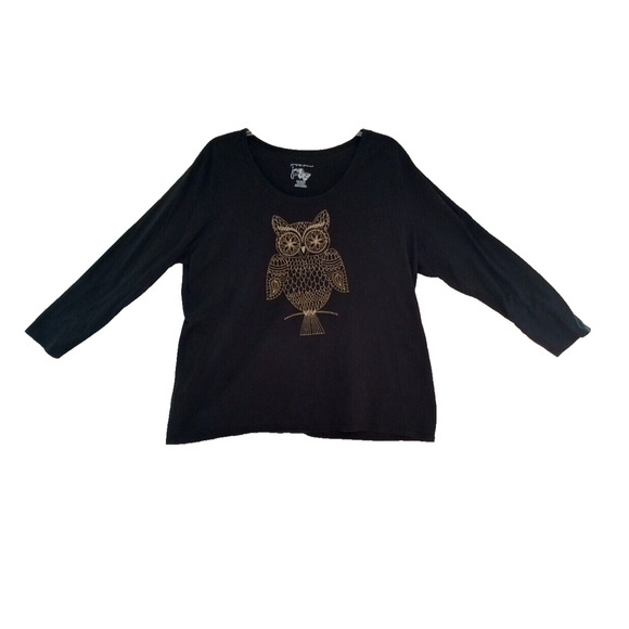 JMS Just My Size Women Top 3X Black Gold Metallic Owl Graphic Long‎ Sleeve Tee - Picture 1 of 13